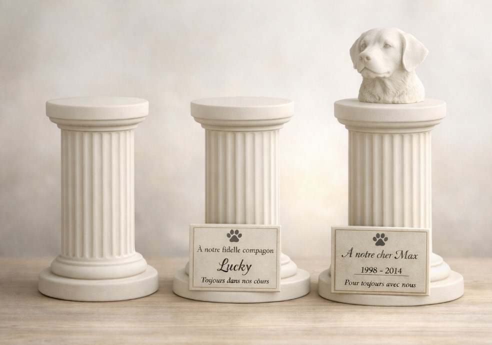 Urnes animales colonne ronde – options standard, plaque et buste – MON CHIEN 3D